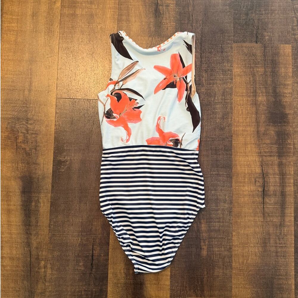 Albion Fit Floral Stripe One Piece Swimsuit XS Blue Coral Zip Front - Picture 4 of 6